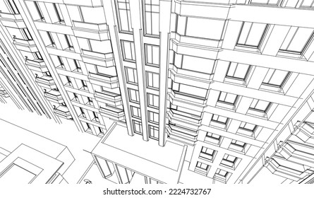 Apartment building façade perspective 3D illustration drawing vector