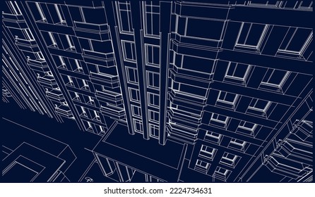 Apartment building façade perspective 3D illustration drawing vector blueprint