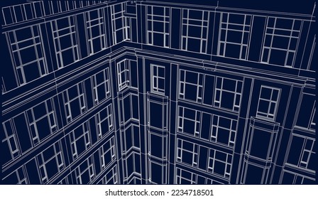 Plano de líneas de ilustraciones 3D de la perspectiva del edificio de departamentos