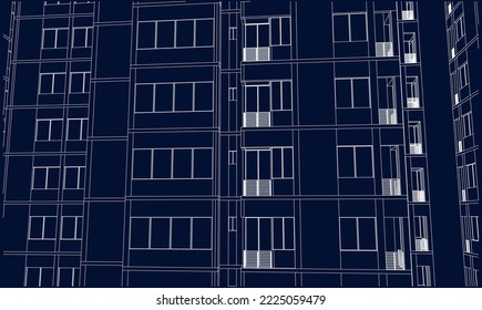 Apartment building façade perspective 3D Line drawing sketch illustration vector eps10 blueprint