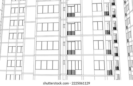 Apartment building façade perspective 3D Line drawing sketch illustration vector eps10