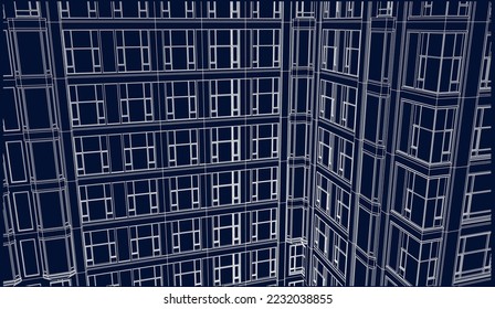 Perspectiva del edificio de departamentos Esquema 3D ilustración de dibujo eps10 blueprint