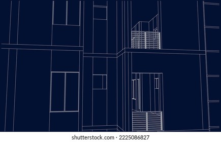 Apartment building façade perspective closeup 3D drawing illustration vector eps10 blueprint