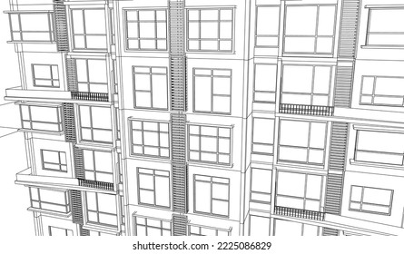 apartment building façade perspective Line drawing illustration vector