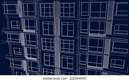 apartment building façade perspective Line drawing illustration vector blueprint