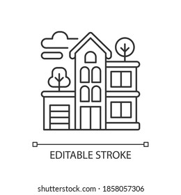 Apartment building pixel perfect linear icon. Condominium structure. Residential property. Thin line customizable illustration. Contour symbol. Vector isolated outline drawing. Editable stroke