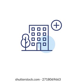Edifício de apartamentos e mais. Atualização de casas, reparos de interiores de casas e renovação. Pixel perfeito, ícone de vetor de traçado editável