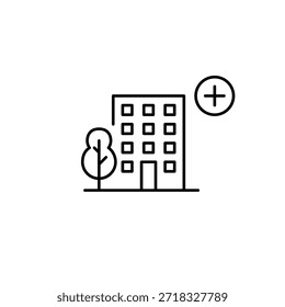 Appartementhaus und plus. Hausaktualisierung, Reparaturen und Renovierung von Wohngebäuden. Pixel perfekt, bearbeitbares Strichvektorsymbol