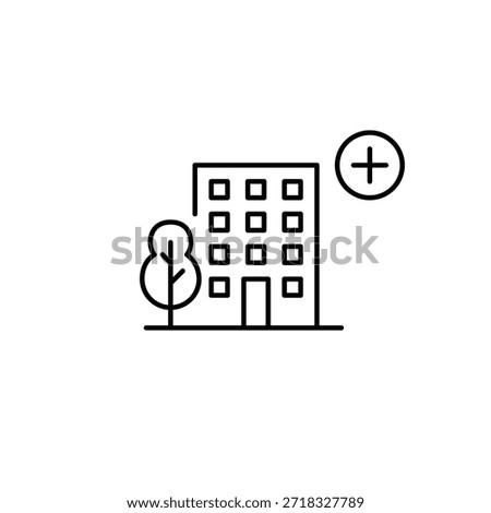 Apartment building and plus. House update, home interior repairs and renovation. Pixel perfect, editable stroke vector icon