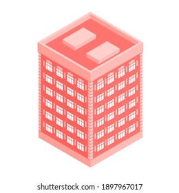 Apartment building of red color. Vector isometric illustration with isolated white background.