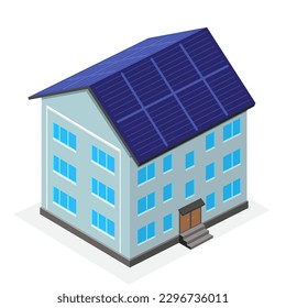 Apartment building with solar panel roof isolated on white background. Ecology house icon sign symbol