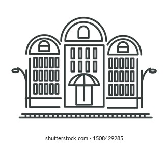 Apartment building with store on ground floor isolated linear icon vector. City center real estate, flat rent, multi-storey construction. Urban architecture, downtown house and shop outline symbol