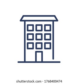 Icono de la línea delgada de construcción de apartamentos. Condo, casa de alquiler, seña de contorno aislado de la ciudad. Arquitectura, inmobiliario, concepto inmobiliario. Elemento de símbolo de ilustración vectorial para diseño web y aplicaciones