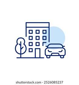 Apartment building, tree and car. Accessible urban residence with parking. Pixel perfect vector icon. 