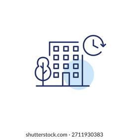 Apartment building, tree and clock. Urban planning, office hours and schedule. Pixel perfect, editable stroke vector icon