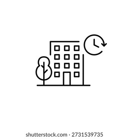 Apartment building, tree and clock. Urban planning, office hours and schedule. Pixel perfect, editable stroke vector icon