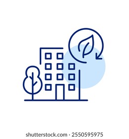 Apartment building, tree and eco symbol. Leaf in renew arrow. Sustainable city, global renewal energy and clean living. Pixel perfect, editable stroke icon