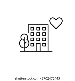 Edificio de apartamentos, árbol y corazón. Vida segura, propiedad y servicios inmobiliarios de confianza. Icono de Vector de trazo perfecto y editable