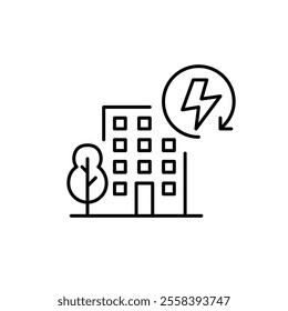 Apartment building, tree and lightning in renew arrow. Sustainable city, alternative energy sources. Pixel perfect vector icon