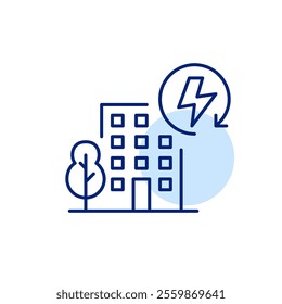 Apartment building, tree and lightning in renew arrow. Sustainable city, alternative energy sources. Pixel perfect, editable stroke icon