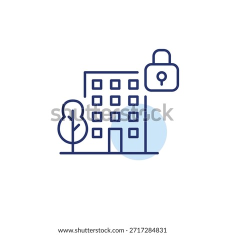 Apartment building, tree and lock. Urban security, public safety and smart city access and control. Pixel perfect, editable stroke vector icon