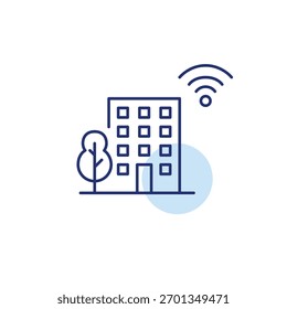 Apartment building, tree and wi-fi. Connected living, green smart city. Pixel perfect, editable stroke vector icon