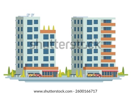 Apartment building vector illustration. Modern urban high-rise housing in flat design. Fully editable and isolated on white background