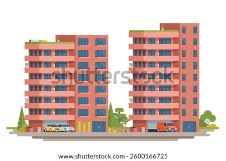 Apartment building vector illustration. Modern urban high-rise housing in flat design. Fully editable and isolated on white background