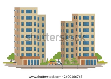 Apartment building vector illustration. Modern urban high-rise housing in flat design. Fully editable and isolated on white background
