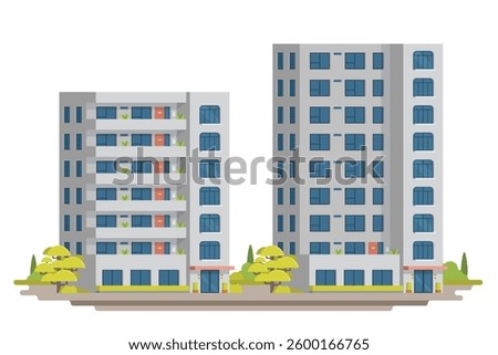 Apartment building vector illustration. Modern urban high-rise housing in flat design. Fully editable and isolated on white background