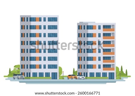 Apartment building vector illustration. Modern urban high-rise housing in flat design. Fully editable and isolated on white background