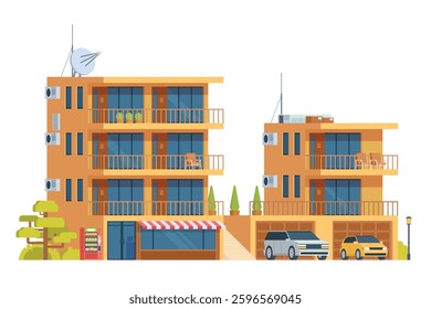 Apartment Building Vector Illustration. Urban Mid-Rise Housing in Flat Style and Clean Design	