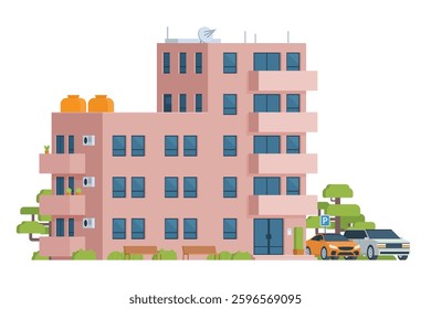 Apartment Building Vector Illustration. Urban Mid-Rise Housing in Flat Style and Clean Design	