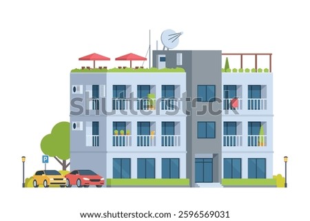 Apartment Building Vector Illustration. Urban Mid-Rise Housing in Flat Style and Clean Design	