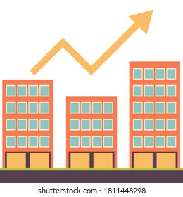 Vector de construcción de apartamentos con flecha amarilla arriba señalizado en el vector de fondo blanco. Concepto de valor de mercado inmobiliario.