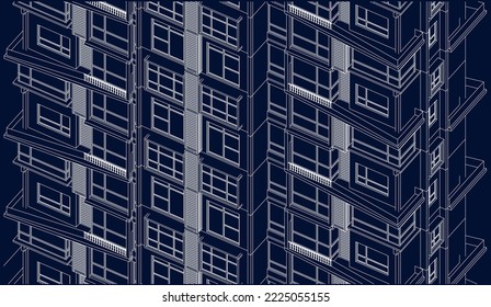 Apartment building windows façade isometric 3D Line sketch illustration vector blueprint