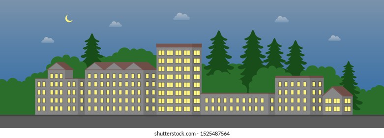 Apartment buildings and forest. Night. Vector illustration.