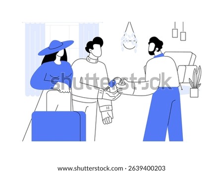 Apartment check-in isolated cartoon vector illustrations. Couple receives keys to the rented apartment for their city trip, holiday home, cultural experience, people lifestyle vector cartoon.