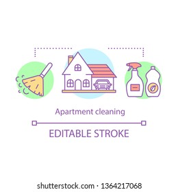 Apartment cleaning concept icon. Cleaning services idea thin line illustration. Mopping, sweeping. Yard cleanup. Housekeeping. Maid service. Vector isolated outline drawing. Editable stroke