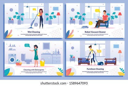 Apartment Cleaning, House Cleanup Works Trendy Flat Vector Banners, Posters Set. Woman Mopping Room Floor, Vacuuming Furniture, Cleaning Bathroom, Man Resting While Robot Cleaning Carpet Illustration