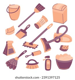 Apartment cleaning kit. bucket, sponge, broom, vacuum cleaner, rag, basin.