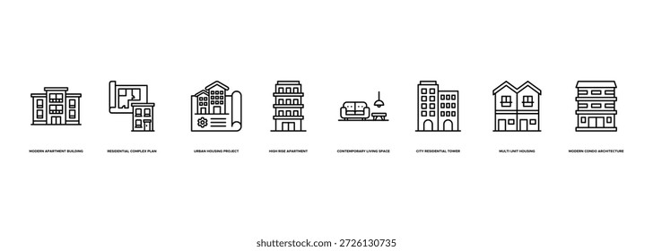 Ilustración de Anuncio con edificio de apartamentos moderno, Plan de complejo residencial, proyecto de vivienda Urbana, apartamento de gran altura, espacio de vida contemporáneo, torre residencial de la ciudad, vivienda de varias unidades y arquitectura moderna de condominios