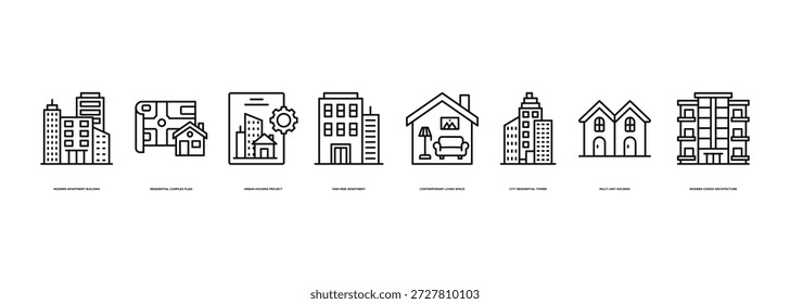 Apartamento Complexo Layout Banner Ilustração Apresentando Moderno Apartamento Edifício, Plano Residencial Complexo, Projeto de Habitação Urbana, High Rise Apartment, Espaço de Vida Contemporâneo, Torre Residencial da Cidade, Moradia Multi Unidade, e Moderna Arquitetura Condomínio
