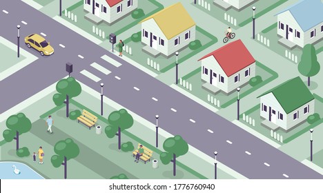 Apartment Complex with Modern Townhouses, Streets and Park. Small City Cityscape with Residential Building and Transport. Urban Landscape Infographic. Flat Isometric Vector Illustration.