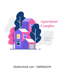 Apartment complex, residential neighborhood, house building and development, vector icon, flat illustration