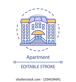 Apartment concept icon. Multi-storey building for dwelling. Condo, architectural object, house. Hotel, hostel mansion idea thin line illustration. Vector isolated outline drawing. Editable stroke