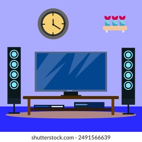 Apartment with couch front of television set on wall empty home design with bean bag chair and decoration Cartoon vector illustration