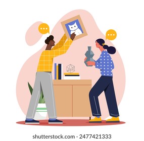 Apartment decoration concept. Man and woman with picture and ceramics vase. Comfort and coziness indoors. People with renovation in home. Cartoon flat vector illustration isolated on white background