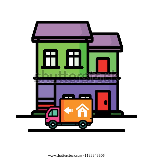 Apartment\
delivery, house and truck vector illustration\
