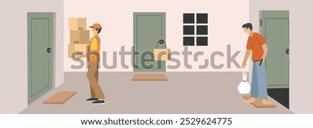 Apartment delivery package. Warehouse delivering package. Courier delivering package. Front door house delivery. Postman. Fast delivery. Online package.